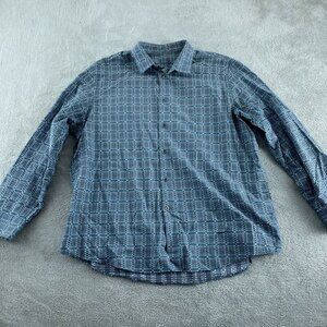 Tasso Elba Mens XXL Blue & Brown Plaid 100% Cotton Button-Down Shirt Long 5282